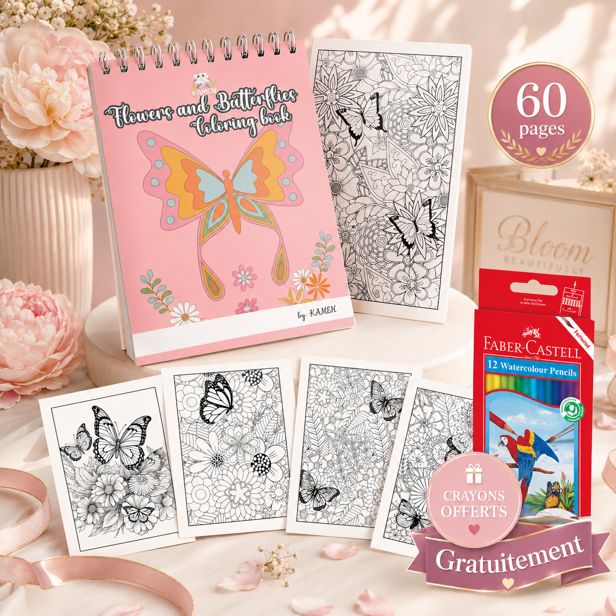 Livre de coloriage Flowers and Butterflies avec pages papillons et fleurs, 60 pages et crayons offerts