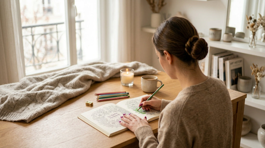 Femme de dos en train de colorier un livre de coloriage à une table