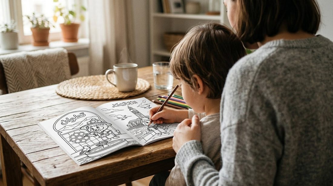 Enfant coloriant un livre de coloriage avec sa mère à côté