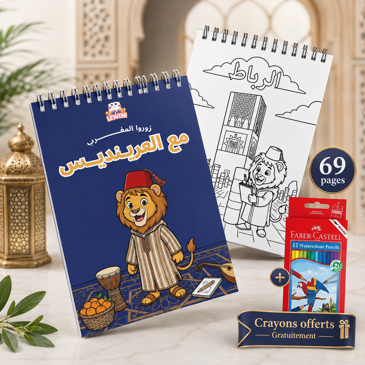 Livre de coloriage enfant L3rindis sur les villes du Maroc avec crayons de couleur offerts