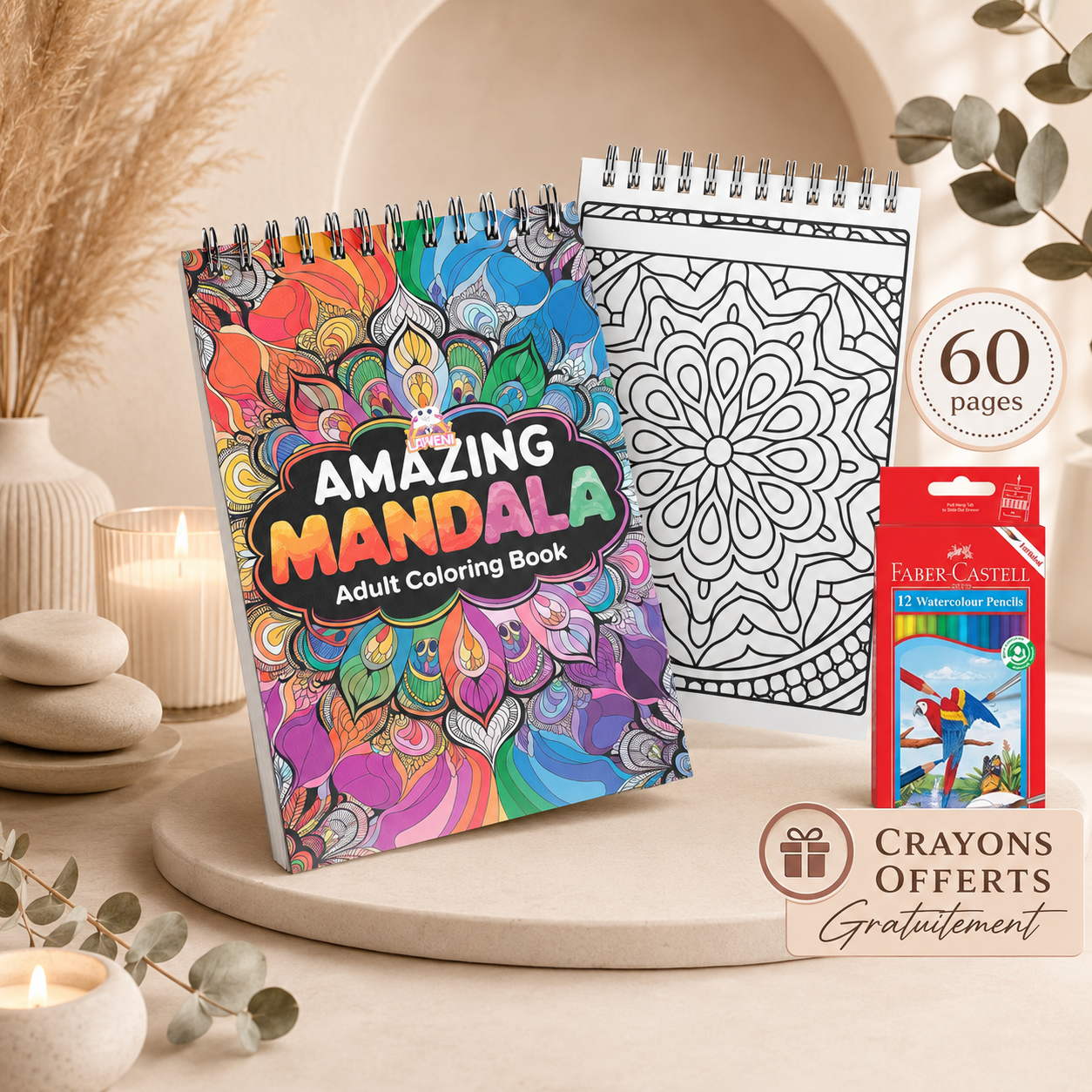 Livre de coloriage Amazing Mandala pour adultes avec 60 pages et crayons de couleur offerts