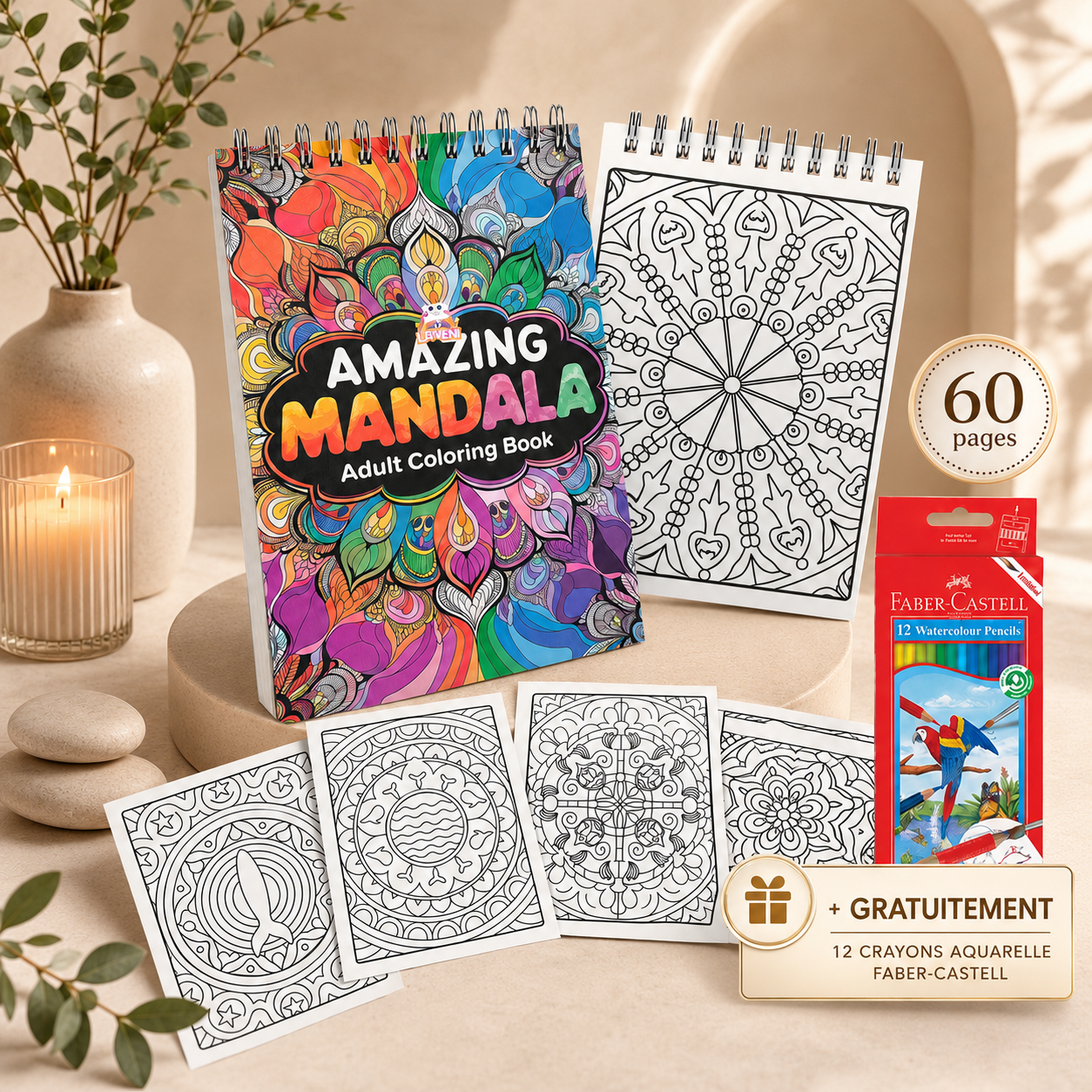 Livre de coloriage Amazing Mandala avec illustrations mandala, 60 pages et crayons Faber-Castell offerts