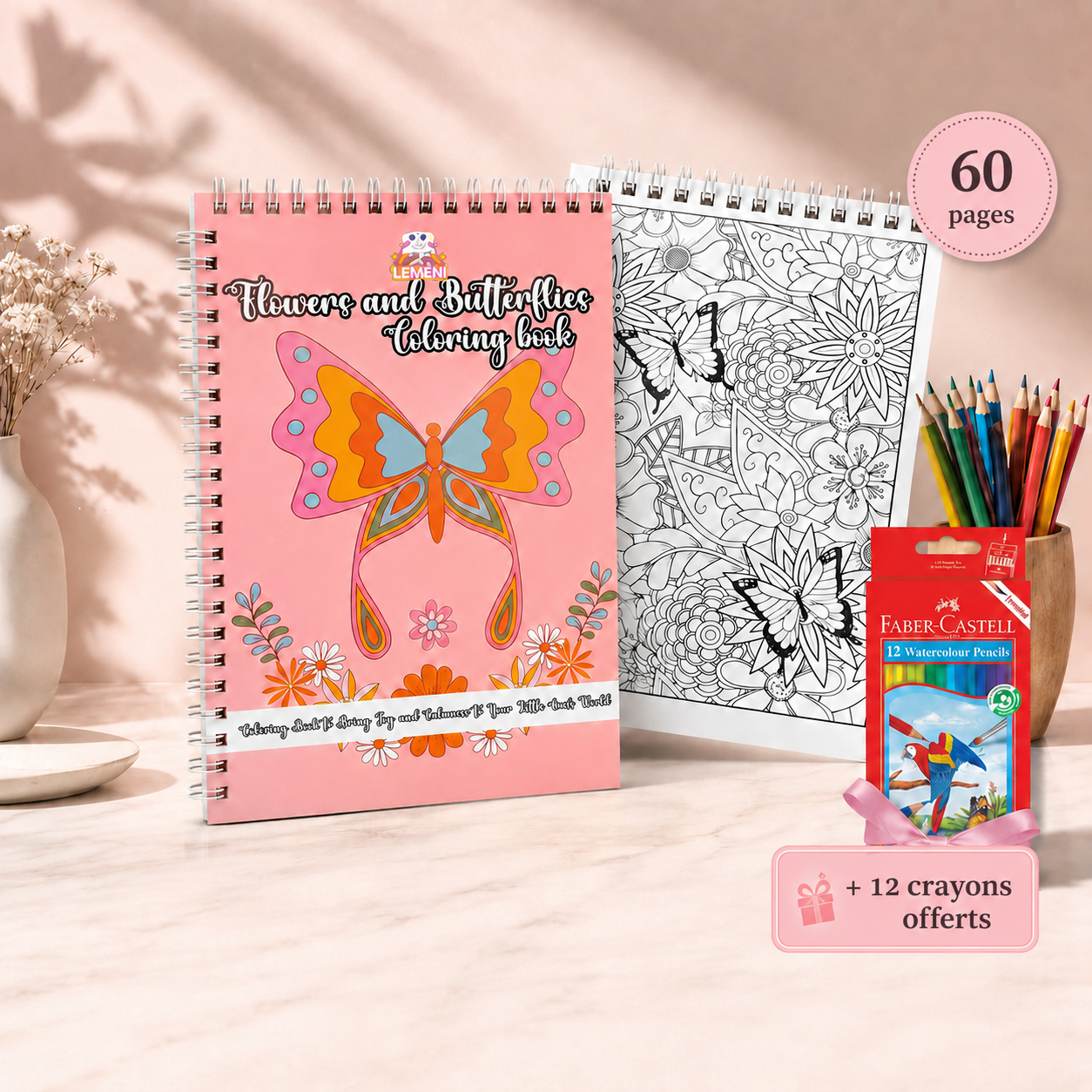 Livre de coloriage Flowers and Butterflies avec 60 pages, illustrations florales et 12 crayons offerts