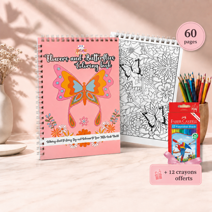 Livre de coloriage Flowers and Butterflies avec 60 pages, illustrations florales et 12 crayons offerts
