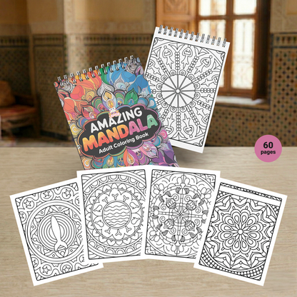 Livre de coloriage adulte Amazing Mandala avec couverture, pages mandala et badge 60 pages