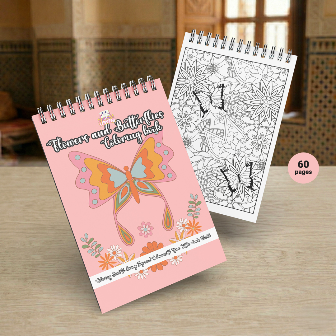 Livre de coloriage Flowers and Butterflies avec couverture rose et page papillons à colorier
