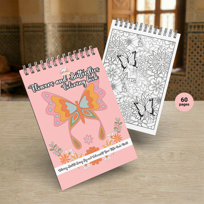 Livre de coloriage Flowers and Butterflies avec couverture rose et page papillons à colorier