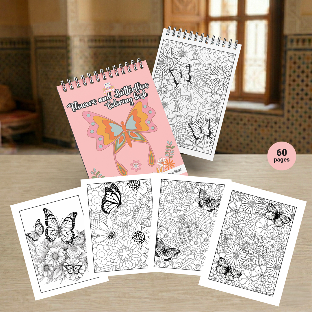 Livre de coloriage Flowers and Butterflies avec couverture rose, pages fleurs et papillons, et badge 60 pages